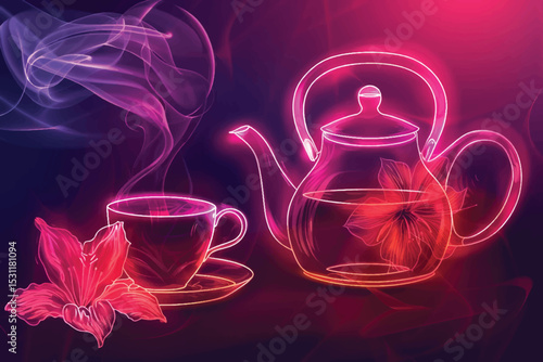 Neon lights. Set of Cappuccino, Latte coffee and Doppio icons. Teapot sign. Espresso cup, Hot drink with whipped cream, Coffee drink. Tea kettle.  Glowing graphic designs. Vector