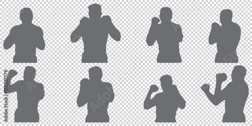  stylized silhouettes of a boxer in various poses, showcasing form, technique, and athleticism in the sport of boxing EPS 10