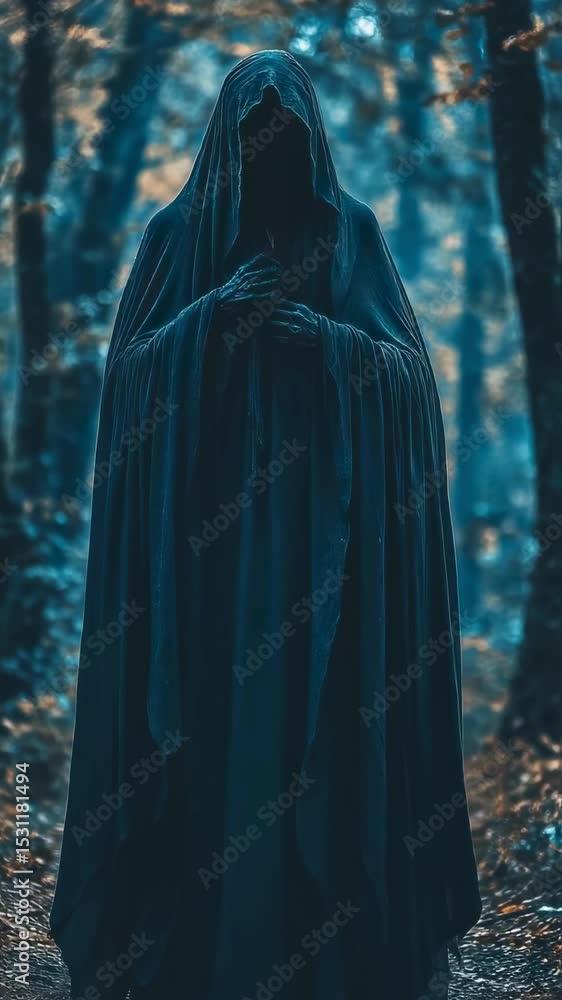 Mysterious Figure in Dark Hooded Cloak in Enigmatic Forest Mysterious Figure in Dark Hooded Cloak in Enigmatic Forest