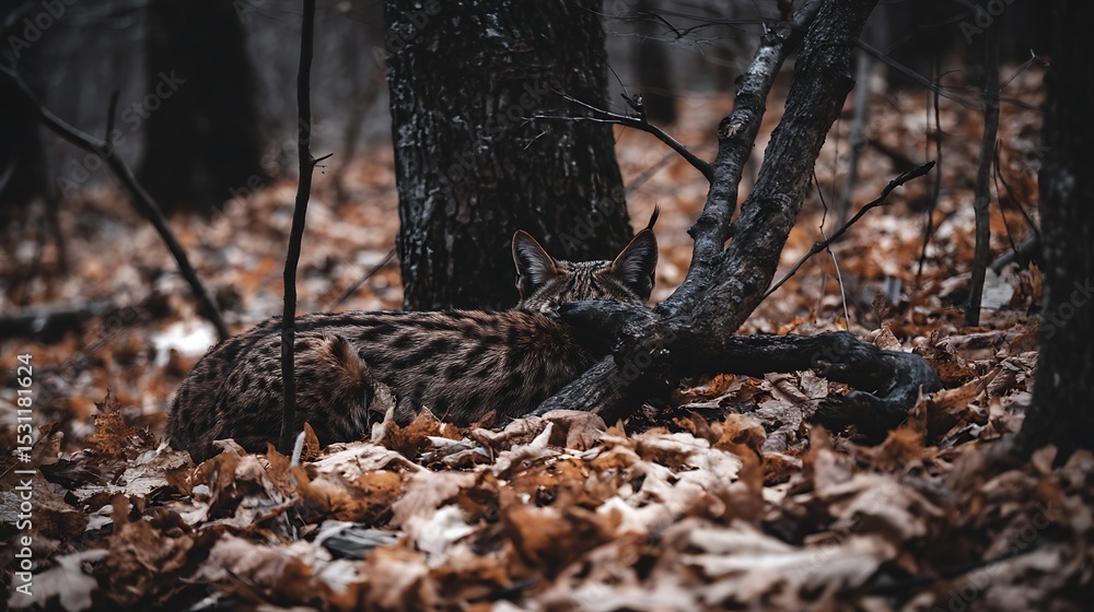 Obraz premium Lynx hiding in a forest setting