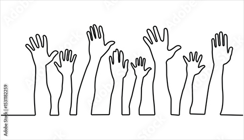 Continuous one line drawing of hands raising illustration. Multiple Hands in one continuous line drawing.Vector illustration.