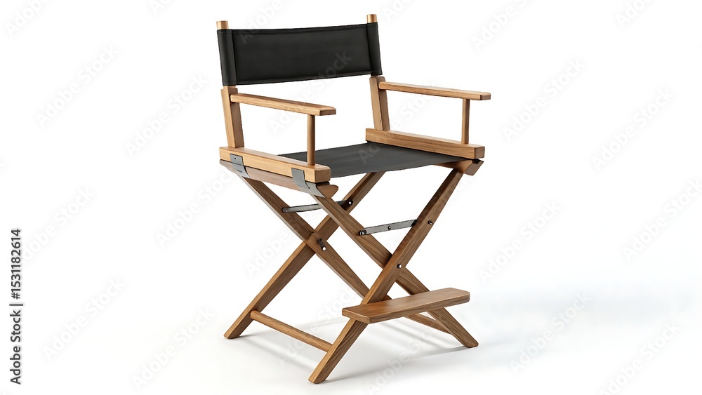Classic Wooden Director’s Chair with Black Canvas on White Background – Foldable Design Highlight. Classic Wooden Director’s Chair with Black Canvas on White Background – Foldable Design Highlight.
