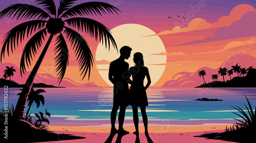 Romantic couple silhouette at sunset beach palm trees tropical paradise design