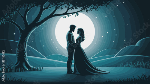 Romantic couple silhouette underneath a majestic moonlit night sky design perfect for branding and logo creation