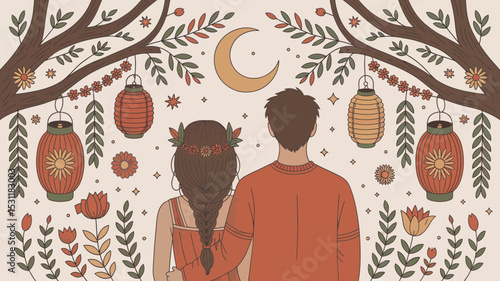 Romantic couple silhouette under a moonlit tree with lanterns and flowers a whimsical design perfect for branding and logo creation