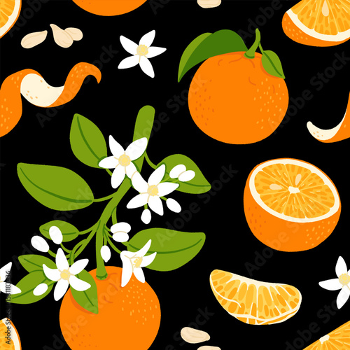 Orange fruit. Pattern of oranges on a black background. Whole orange fruit, cut in half and into slices. The design is great for wallpaper, fabric, labels, packaging.