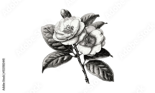 Camellia Japonica vector illustration, botanical flower art, pink camellia, nature-inspired design, Japanese flowers, detailed floral drawings, floral pattern, decorative floral artwork.