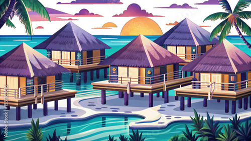 Vector illustration of Maldives overwater bungalows surrounded by turquoise sea, clear skies, and tropical paradise setting perfect for luxury island vacation escape