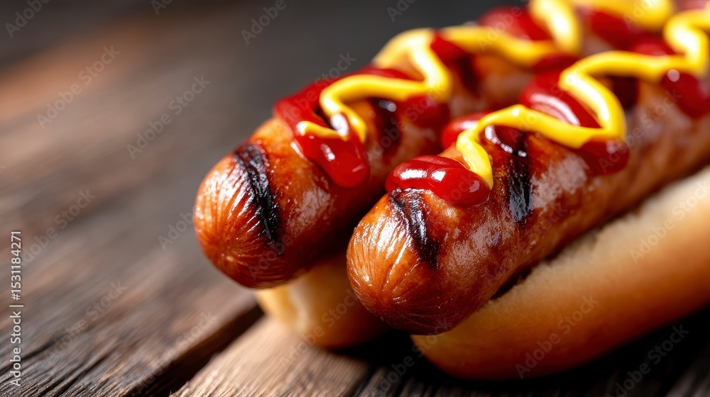custom made wallpaper toronto digital4th of July hot dogs with ketchup and mustard on wood background. Delicious grilled frankfurters relish condiment picnic summer celebration wooden surface.