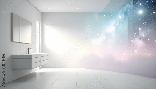 Modern Minimalist White Bathroom with Galaxy Wall