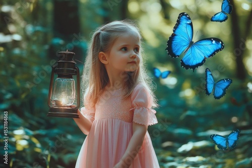 Girl in pink dress holding vintage lantern, surrounded by blue butterflies, forest background, soft light, dreamy atmosphere, long wavy hair, outdoor portrait, spring or fantasy theme.