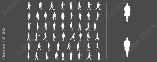 White silhouette people walking, standing, working, modern character pose set, grey background, vector illustration, casual lifestyle, isometric icon, business and daily motion