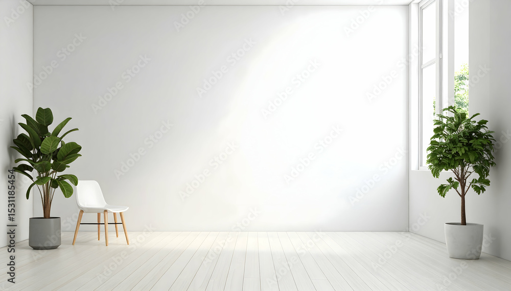 Fototapeta premium Bright Minimalist Room with White Walls and Potted Plants