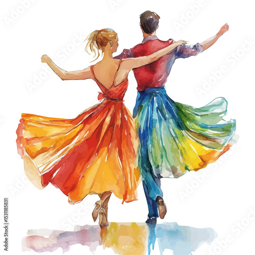 watercolor vector of Outdoor Spring Festive Dancers, isolated on a white background.