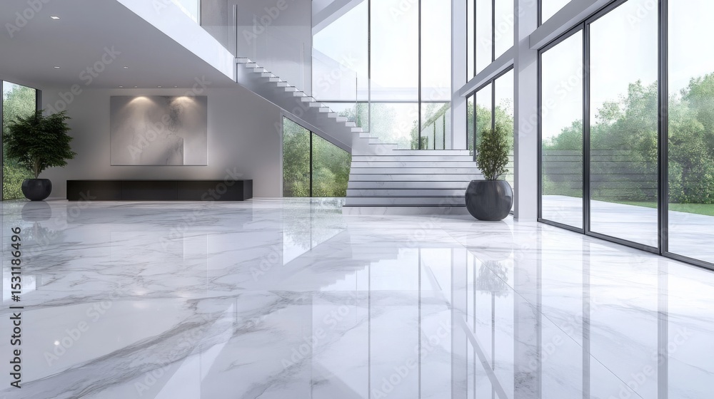 Obraz premium Modern interior design featuring spacious marble foyer with large windows and elegant staircase in a contemporary home