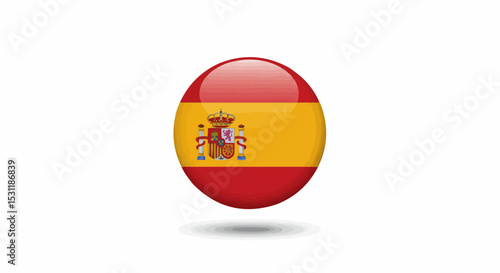 A glossy 3D circular button or badge featuring the national flag of Spain with its coat of arms, a shiny vector illustration symbol of Spanish patriotism, isolated on a white background.