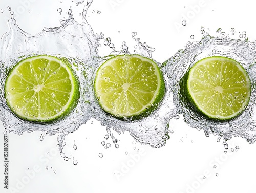 Vibrant Fresh Limes Splashing in Water Isolated on Bright Background