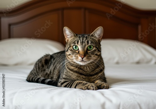 Wallpaper Mural Tabby cat with green eyes rests on a white bed in front of a wooden headboard Torontodigital.ca
