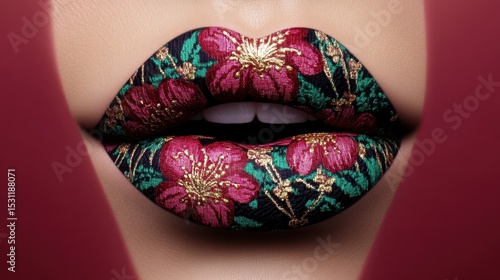 Floral Lips: An artful close-up of lips adorned with floral designs on a vibrant backdrop, showcasing the beauty of artistic expression and unique beauty trends.