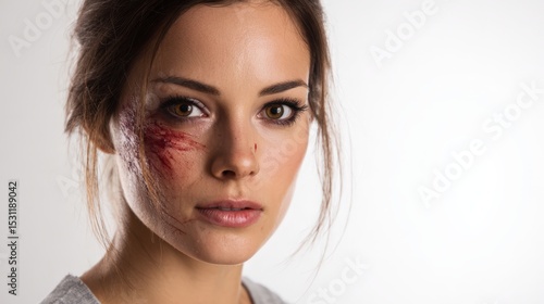 Dramatic portrait of a woman with facial injuries.  Perfect for film, news, social campaigns. Ideal for print, web, and social media.