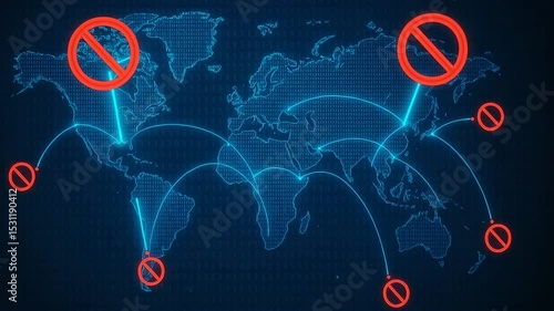 A digital world map showcasing restricted access points with red prohibition symbols, highlighting cyber security issues and areas with limited internet connectivity.