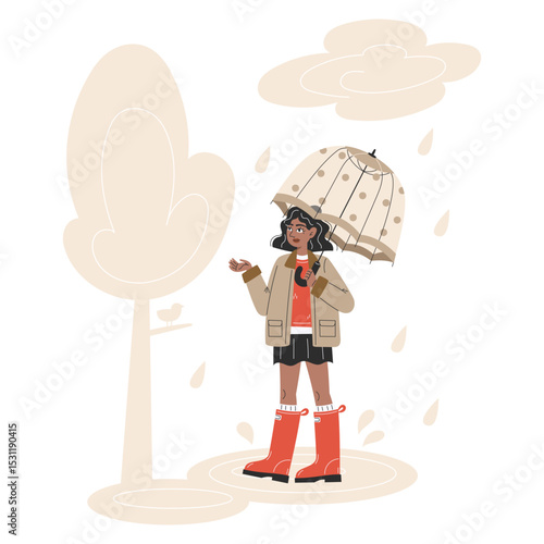 Young Black Woman Walking in Rain with Transparent Umbrella Wearing Warm Autumn Jacket and Rubber Boots Flat Style Illustration