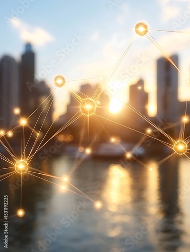 Modern Cityscape with Data Network Overlay at Sunset near the Water