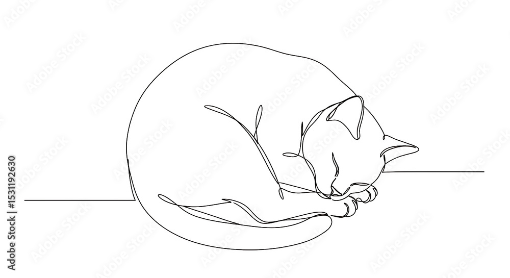Fototapeta Sleeping cat continuous line drawing minimalist pet art illustration