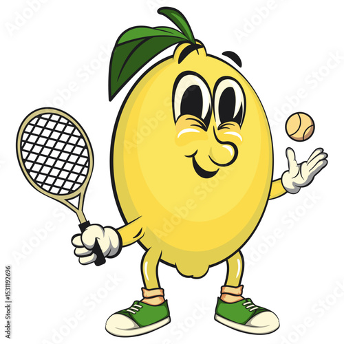 cute lemon mascot cartoon playing tennis, fun citrus character vector for summer, work of hand drawn