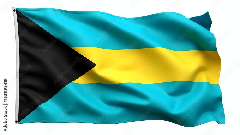 Obraz premium Photorealistic Bahamian national flag isolated on white background. High-resolution studio image with fabric texture and black triangle on aquamarine and yellow stripes.
