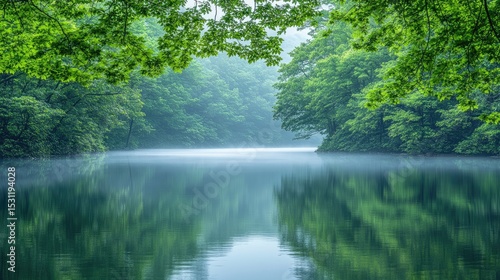 Serene lake nestled within a lush forest