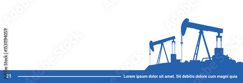 Vector silhouette of oil pump jacks in blue on white background, ideal for energy, oil and gas industry themes. Clean layout, perfect for banners, presentations, footer template or infographics
