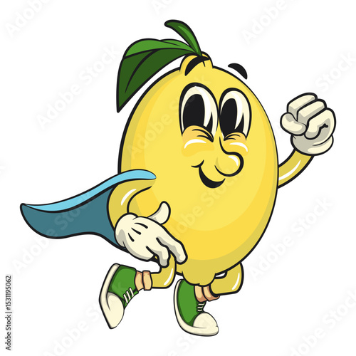 cute lemon mascot cartoon as flying superhero wearing a robe, fun citrus character vector for summer, work of hand drawn