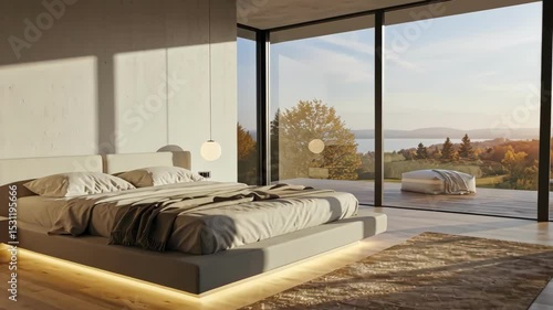A modern, serene bedroom with a stunning nature view.