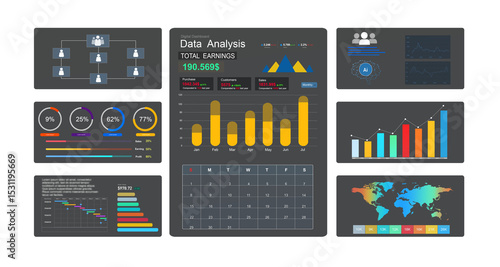 PNG KPI dashboard.Financial business data analytics graph dashboard. Management data System KPI connected in database for follow earnings,operations and sales data PNG.	