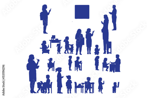 Silhouettes of teachers and students in classroom scenes, multiple education concepts with children and instructors, vector illustration