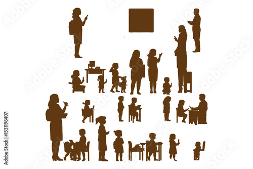 Silhouettes of teachers and students in classroom scenes, multiple education concepts with children and instructors, vector illustration