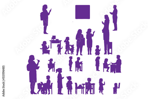 Silhouettes of teachers and students in classroom scenes, multiple education concepts with children and instructors, vector illustration