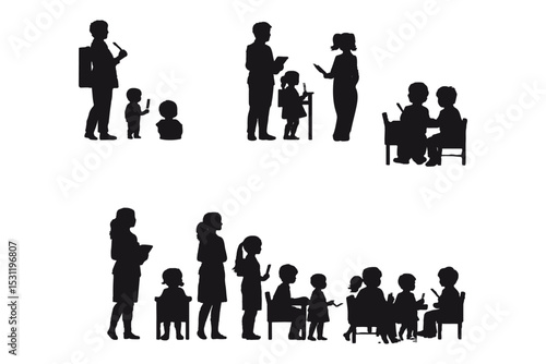 Silhouettes of teachers and students in classroom scenes, multiple education concepts with children and instructors, vector illustration