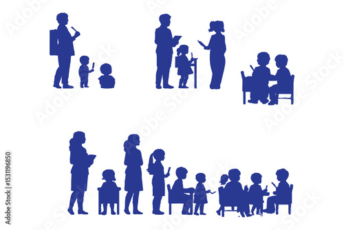 Silhouettes of teachers and students in classroom scenes, multiple education concepts with children and instructors, vector illustration