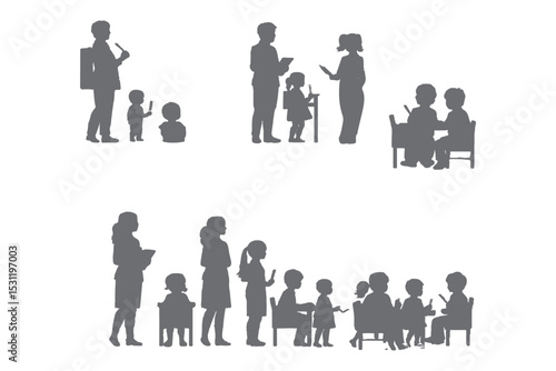 Silhouettes of teachers and students in classroom scenes, multiple education concepts with children and instructors, vector illustration