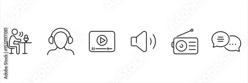 Podcast audio recording listener headset media speaker radio communication broadcast microphone conversation icon vector illustration.