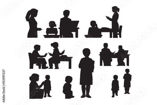Silhouettes of teachers and students in classroom scenes, multiple education concepts with children and instructors, vector illustration