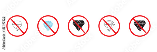 No diamond vector icon. Forbidden carat symbol. No stone gem flat sign design. Prohibited adamant vector icon. Warning, caution, attention, restriction ban pictogram. No jewerly. No VIP vector icon