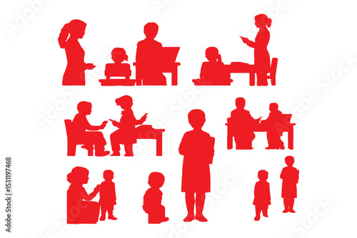 Silhouettes of teachers and students in classroom scenes, multiple education concepts with children and instructors, vector illustration