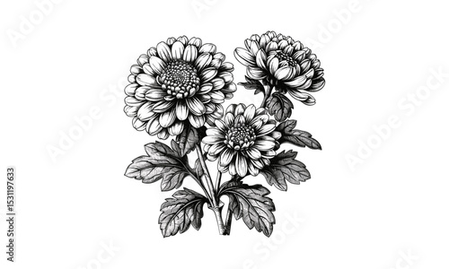 Chrysanthemum Flowers Engraving Vintage Vector Illustration, botanical art, floral design, retro style, hand-drawn, garden flowers, intricate detail, nature illustration, traditional art