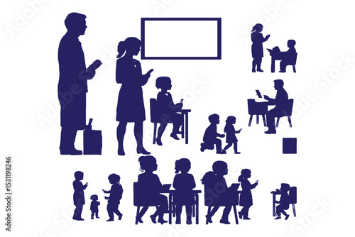 Silhouettes of teachers and students in classroom scenes, multiple education concepts with children and instructors, vector illustration