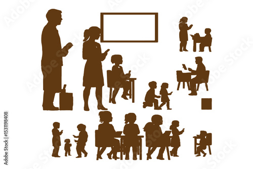 Silhouettes of teachers and students in classroom scenes, multiple education concepts with children and instructors, vector illustration