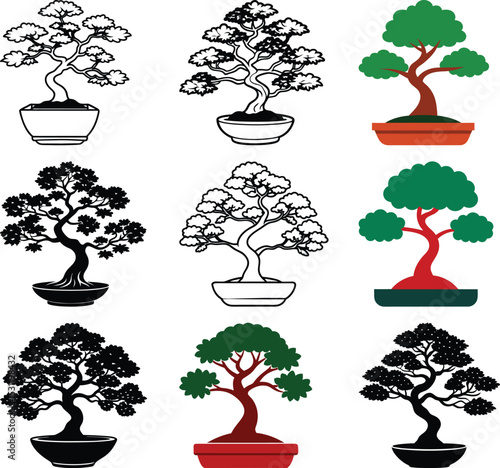 Bonsai Tree Collection: A diverse collection of nine bonsai trees in various styles and colors, including silhouettes and filled-in versions, perfect for design projects needing an oriental touch.