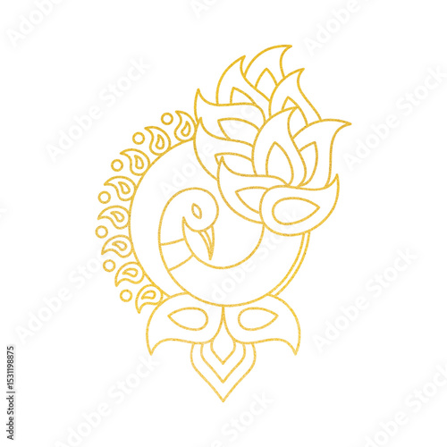 Golden peacock decorative motif elegant design on black background isolated